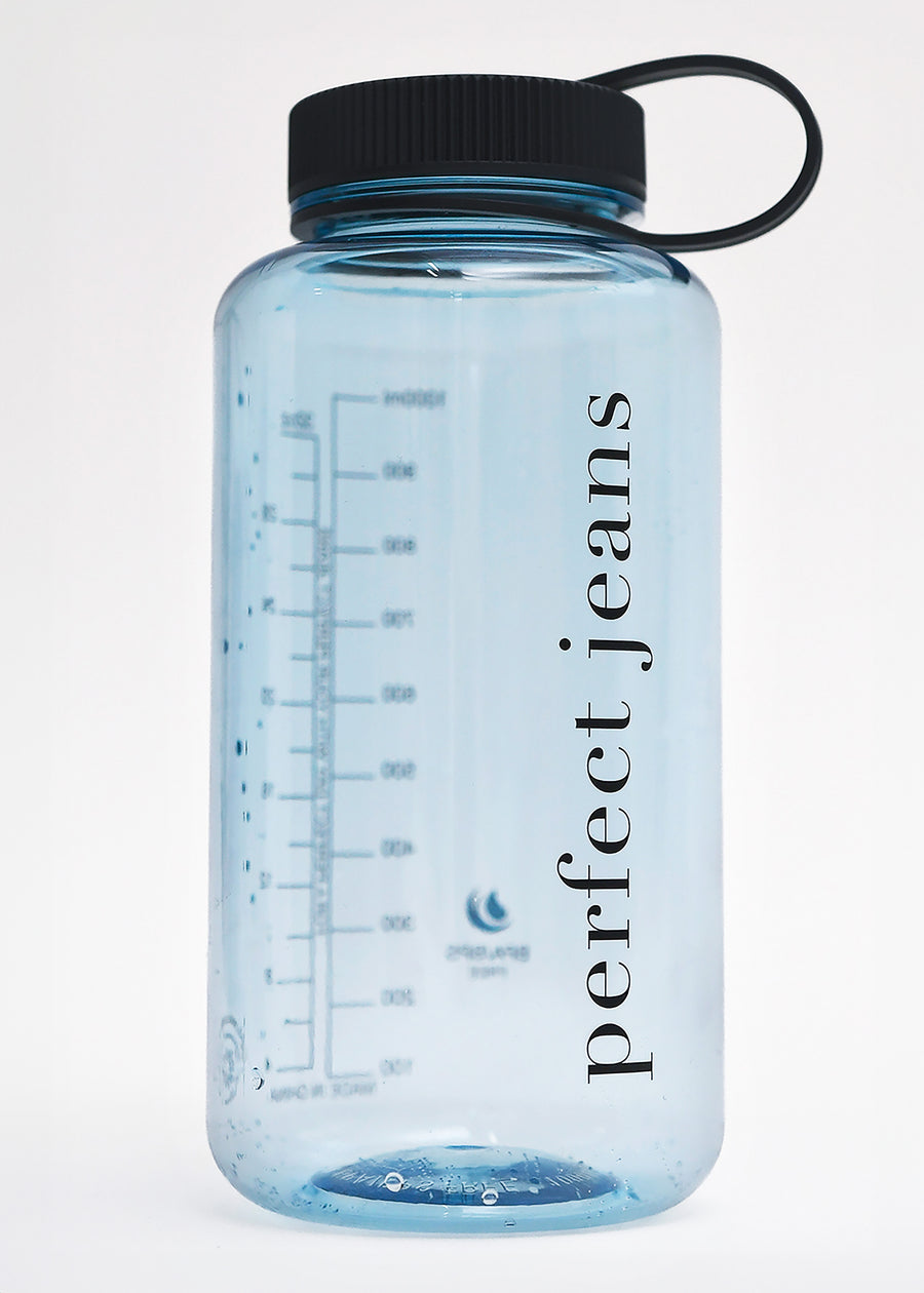 Transparent light blue plastic water bottle with a black lid and logo.