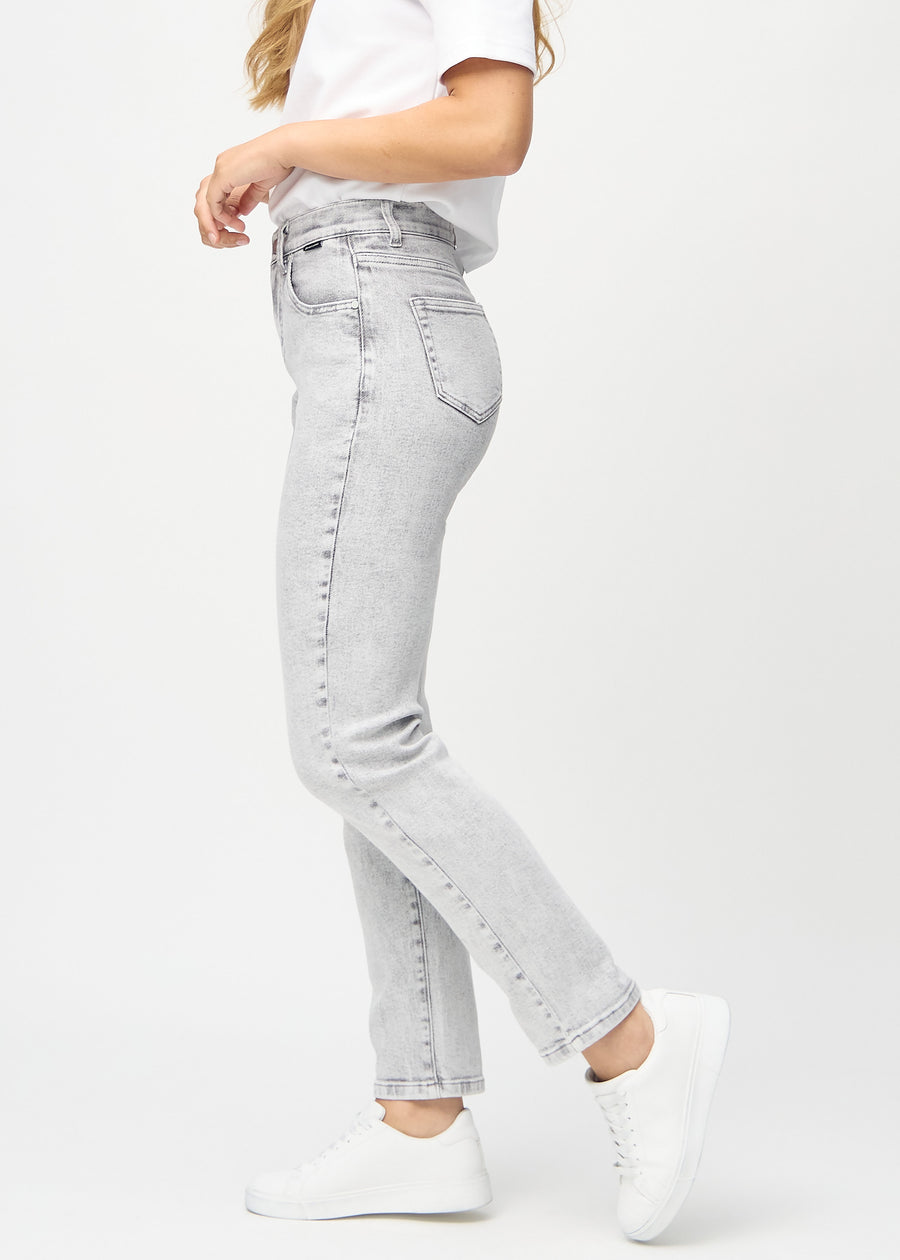 Regular jeans for women in light grey, color Ashes. Side view on a model.