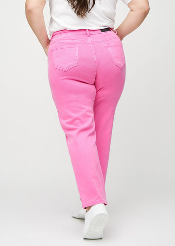 Regular jeans for women in light pink, color Flamingos. Back view on a plus-size model, showing the full fit.
