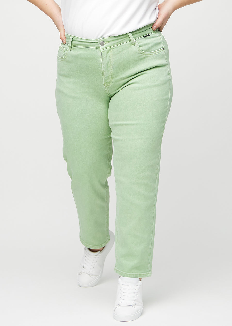 Regular jeans for women in light green, color Mints. Front view on a plus-size model, showing the classic straight-leg fit.