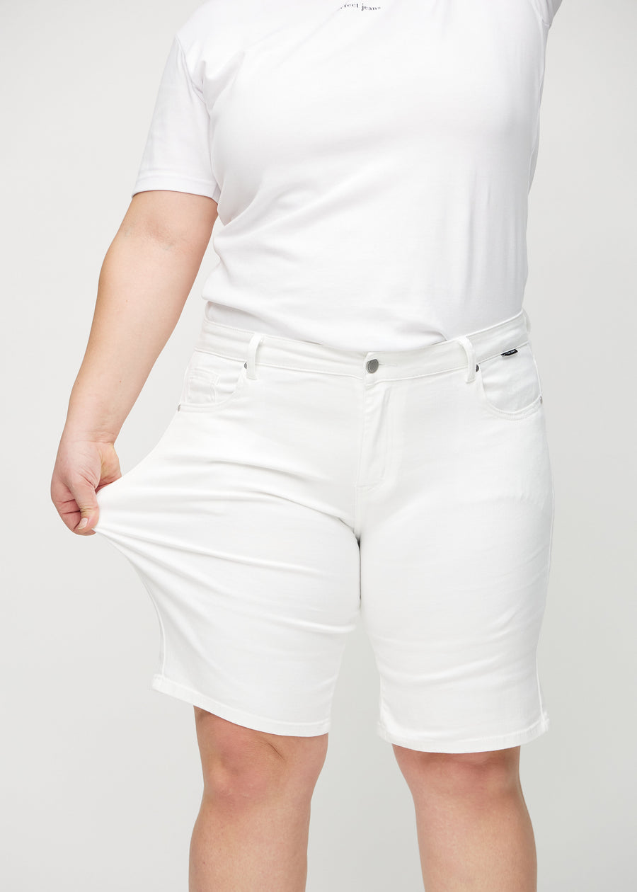 The plus-size model stretches the shorts at the thigh to show the stretch.