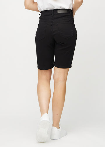 Black regular middle shorts seen from the back, so the entire product can be seen.