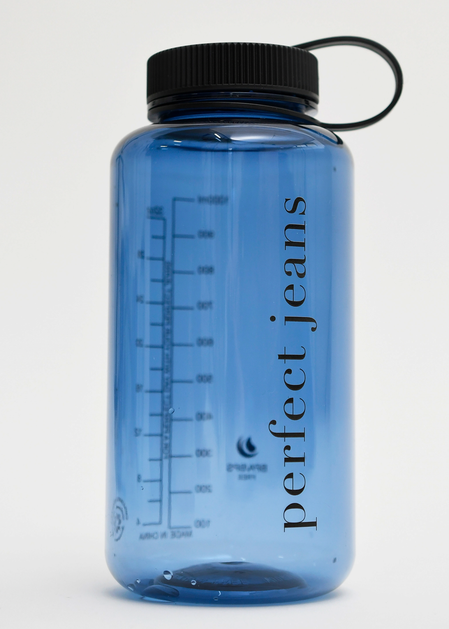 Transparent dark blue plastic water bottle with a black lid and logo.