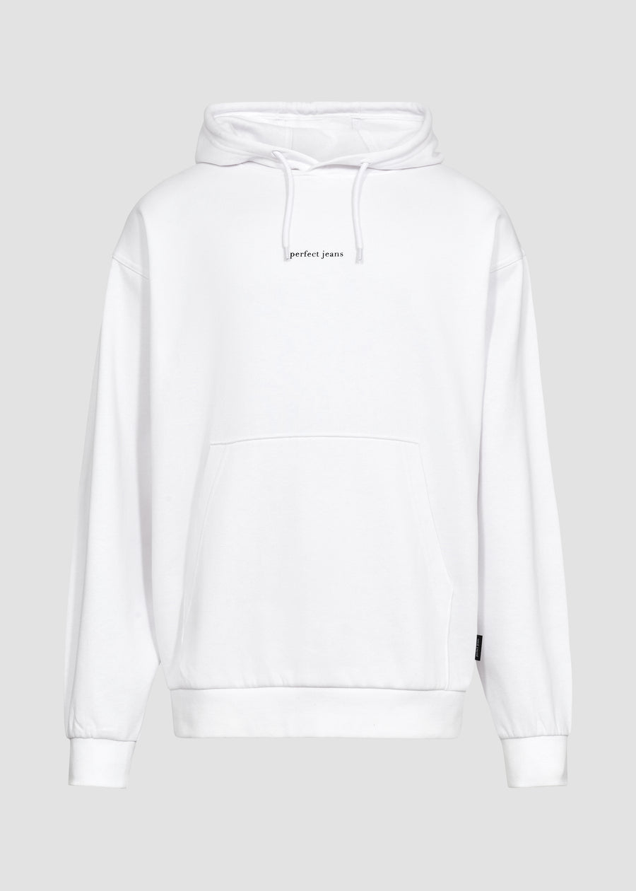 White unisex hoodie by Perfect Jeans with a black logo centred on the chest, front view.