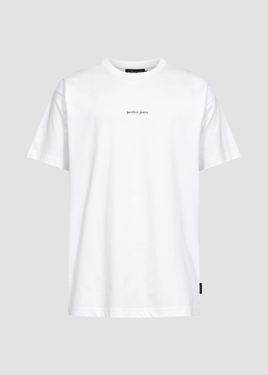 White unisex T-shirt by Perfect Jeans with a black logo centred on the chest, front view.