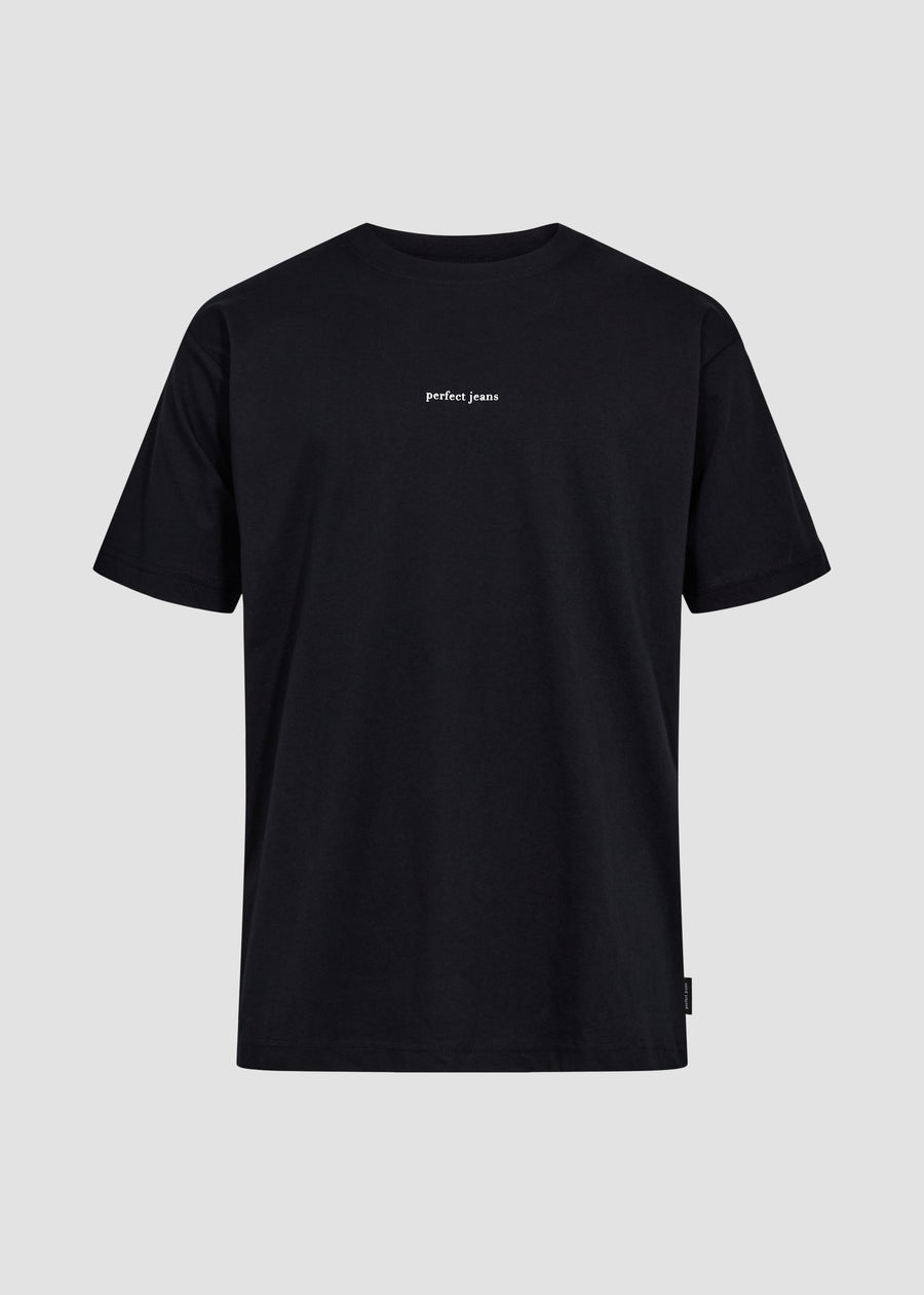 Black unisex T-shirt by Perfect Jeans with a white logo centred on the chest, front view.
